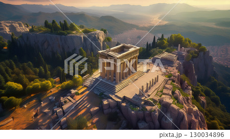 山頂に建つ廃墟のギリシャ神殿を俯瞰する 130034896