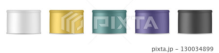 Set of aluminium canisters. White, green, gold, purple and black tin containers. Tea or cookie jar 130034899