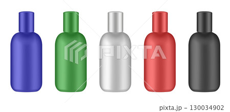 Set of cosmetic bottles with long cap. Green, blue, red, black and white bottles. Cream, lotion or serum Set of cosmetic bottles with long cap. Green, blue, red, black and white bottles. Cream, lotion or serum 130034902