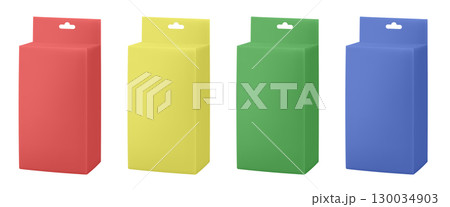 Set of paper packaging boxes with hanging hole. Blank product package mockup. Yellow, blue, red 130034903
