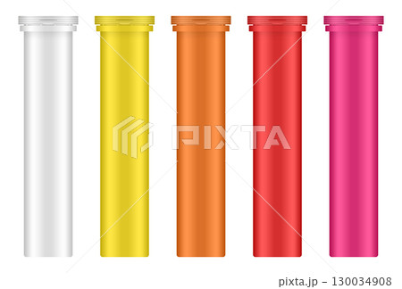 Set of effervescent tablet tubes. Large medical pill bottles. White, yellow, orange, red Set of effervescent tablet tubes. Large medical pill bottles. White, yellow, orange, red 130034908