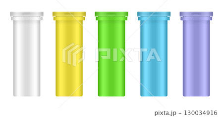 Set of effervescent tablet tubes. Small medical pill bottles. White, yellow, green, blue and purple 130034916
