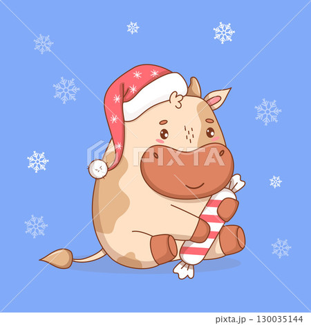Cute Christmas Little Cow in Santa hat with Striped Candy. Funny New Year Kawaii Animal on blue background with Snowflakes. Vector illustration. Kids collection. Not AI Cute Christmas Little Cow in Santa hat with Striped Candy. Funny New Year Kawaii Animal on blue background with Snowflakes. Vector illustration. Kids collection. Not AI 130035144