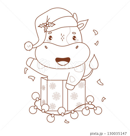 Outline Happy Christmas Little Cow in Santa hat in New Year Gift Box with Garland. Holiday Funny Kawaii Animal. Line drawing, coloring book. Vector illustration. Kids collection. Not AI 130035147
