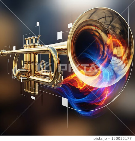 Golden trumpet with fiery glowing sound wave blast. Golden trumpet with fiery glowing sound wave blast. 130035177