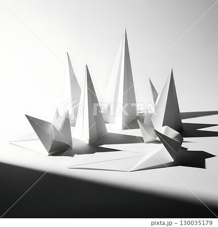 Origami-style paper boats in monochrome minimalist light. 130035179