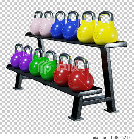Gym rack with different Olympic kettlebells, cast iron powerlifting equipment Gym rack with different Olympic kettlebells, cast iron powerlifting equipment 130035218