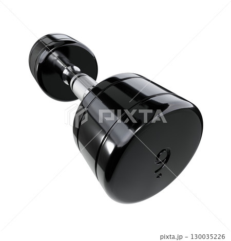 Round Chrome Dumbbell with number 9, weightlifting gym equipment wide angle view 130035226
