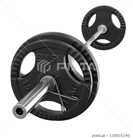 Cast Iron Olympic Adjustable Barbell with plates, weightlifting gym equipment, side view Cast Iron Olympic Adjustable Barbell with plates, weightlifting gym equipment, side view 130035240
