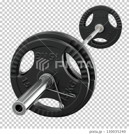 Cast Iron Olympic Adjustable Barbell with plates, weightlifting gym equipment, side view Cast Iron Olympic Adjustable Barbell with plates, weightlifting gym equipment, side view 130035240