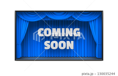 Coming Soon poster with stage curtains 3D illustration 130035244