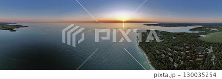 Aerial panorama drone sunset view of Lanterna peninsula, Istria, Croatia. 130035254