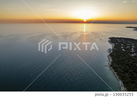 Aerial drone sunset view of Lanterna peninsula, Istria, Croatia. 130035255