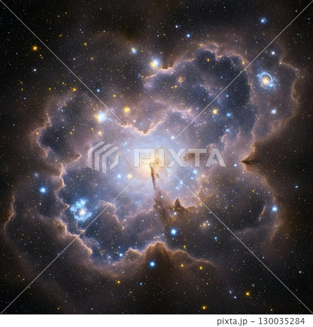 Colorful nebula cloud with glowing stars in outer space. 130035284
