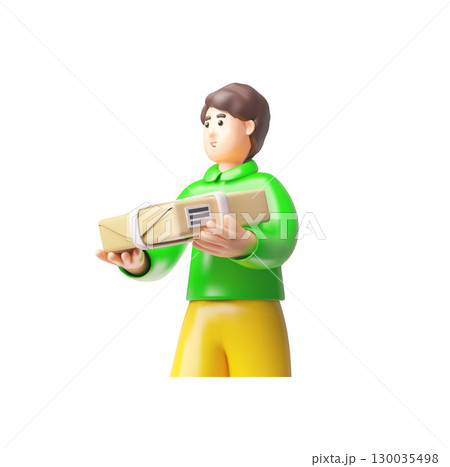 Delivery courier man holding parcel box, 3D vector cartoon postman shipping postal package, logistic service Delivery courier man holding parcel box, 3D vector cartoon postman shipping postal package, logistic service 130035498