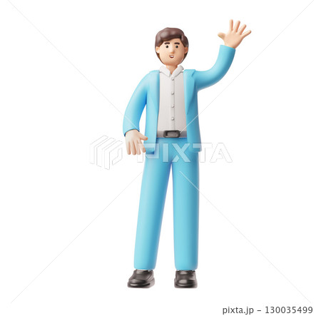 Businessman in blue suit greeting hand gesture, showing five fingers, 3D cartoon vector office manager character 130035499