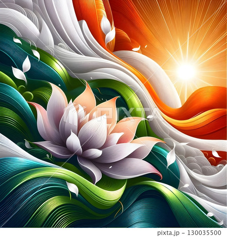 Abstract Indian Flag Colors with Lotus Flowers and Sunburst ideal for banners, cards, and presentations. 130035500