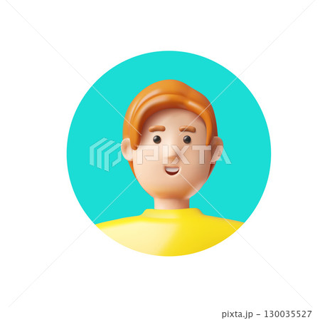 Man portrait 3D plastic style vector icon, smiling male with red hair round avatar, cartoon guy wear yellow t-shirt 130035527