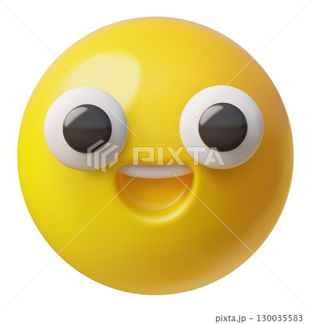 Happy emoji emoticon realistic vector 3D design, cartoon smile face with laugh open mouth cute funny cheerful expression 130035583
