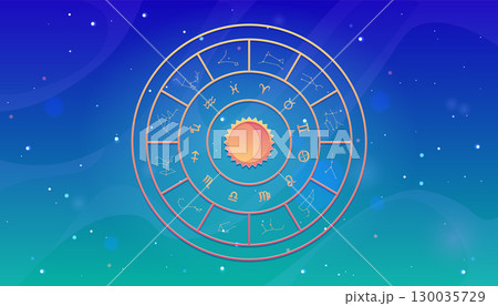 Zodiac wheel with constellations on blue gradient space background, horoscope twelve astrological symbols in circle 130035729