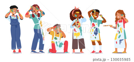 Cute happy children artists cartoon characters wearing clothes in paints colorful spots isolated set 130035985