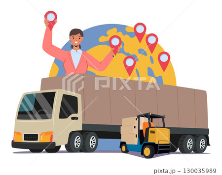 Woman logistician tracking warehouse and cargo delivery service provided by freight truck scene 130035989