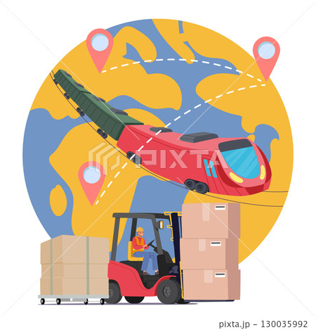 Man worker driving forklift providing global international logistic service by train rail transport Man worker driving forklift providing global international logistic service by train rail transport 130035992