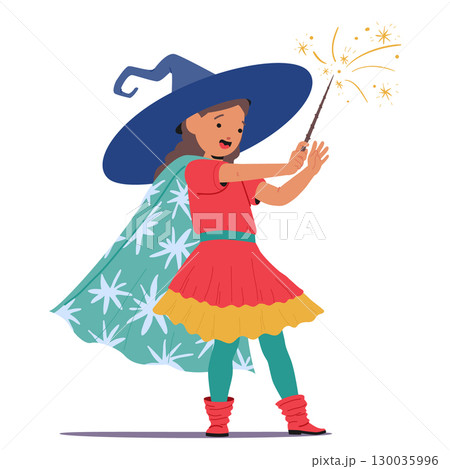 Cute charming girl child cartoon character wearing witch costume and hat coasting with magic wand Cute charming girl child cartoon character wearing witch costume and hat coasting with magic wand 130035996