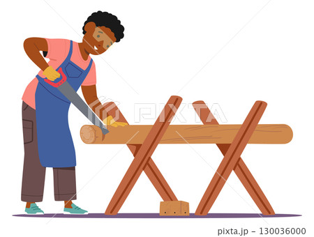 Cute little boy student cartoon character elementary age child learning sawing log on stand 130036000