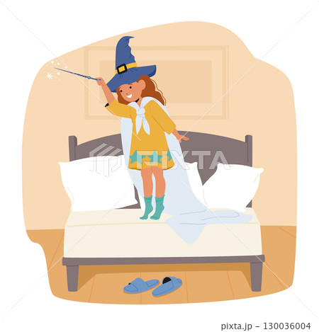 Cute girl child cartoon character in fairy sorceress costume waving magic wand standing on bed 130036004