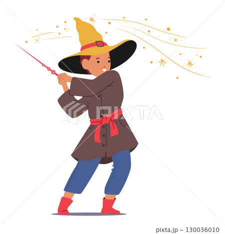 Boy child wearing medieval wizard costume and hat waving magic wand enjoying enchantment trick 130036010