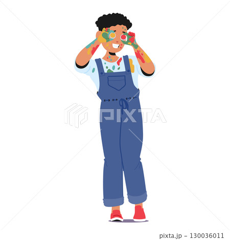 Playful boy child cartoon character in painted clothes having fun at art class isolated on white 130036011