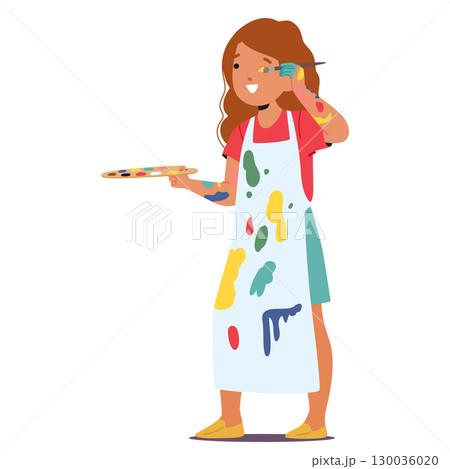 Inspired girl artist cartoon child character with paints palette and paintbrush enjoying painting 130036020