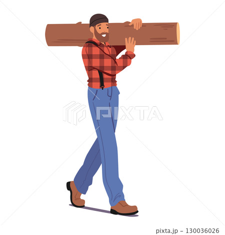 Man lumberjack cartoon character carrying log on shoulder walking isolated on hite background 130036026