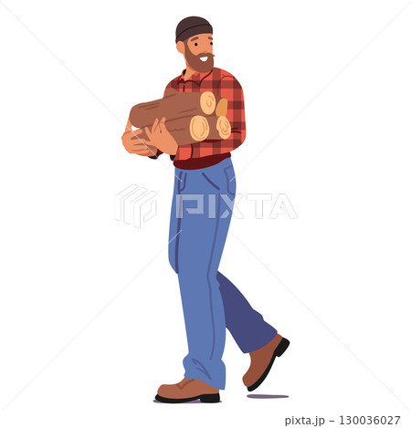 Single bearded man lumberjack cartoon character carrying firewood isolated on white background 130036027