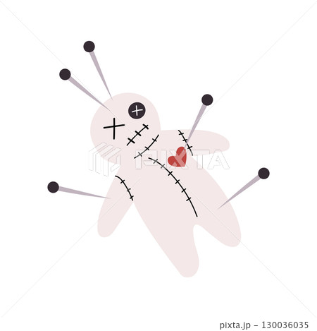 A fun illustration of a voodoo doll with several pins stuck into it. Cute Halloween character with button eye. Black magic. A fun illustration of a voodoo doll with several pins stuck into it. Cute Halloween character with button eye. Black magic. 130036035