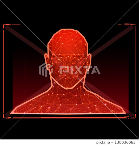 Biometric technology digital face scanning, facial recognition system, vector red polygonal wireframe, identification 130036063