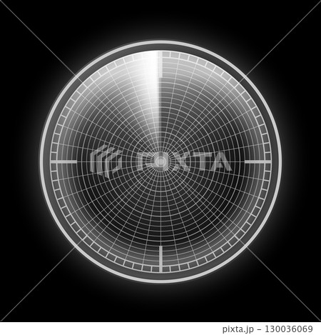 Realistic digital gray HUD radar display in scanning, detection or navigation system, vector navy or air sonar on black Realistic digital gray HUD radar display in scanning, detection or navigation system, vector navy or air sonar on black 130036069