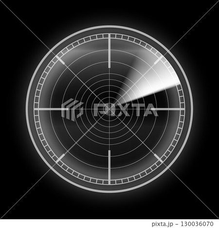 Realistic digital gray HUD radar display in searching, detection system, vector navigation navy or air sonar on black Realistic digital gray HUD radar display in searching, detection system, vector navigation navy or air sonar on black 130036070