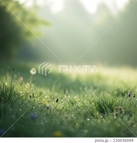 Peaceful grassy meadow with morning sunlight and fresh natural atmosphere. 130036094