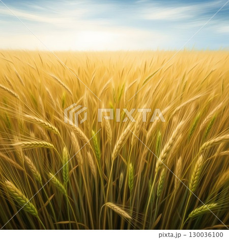 Golden wheat field swaying in the breeze under soft daylight. 130036100