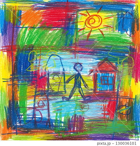 Colorful child-like crayon drawing resembling abstract playful art. 130036101