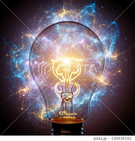 Creative glowing lightbulb with galaxy and cosmic electric effects. 130036102