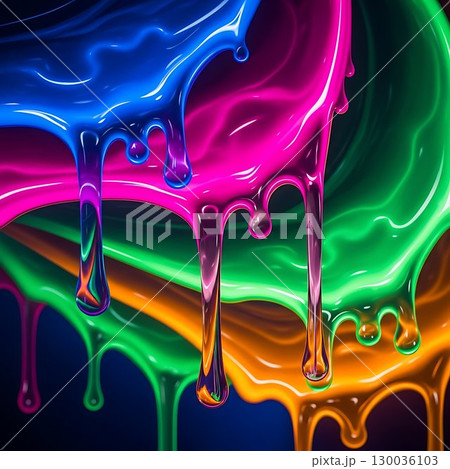 Neon abstract paint drips glowing in vibrant rainbow gradient. 130036103
