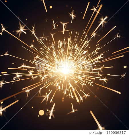 Bright sparkling firework explosion with golden glowing streaks in night. 130036217