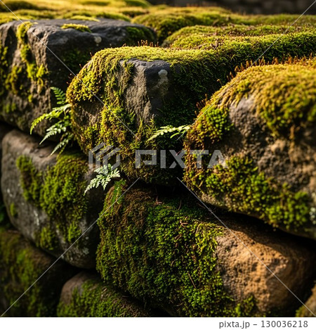 Green moss-covered stone wall in natural forest atmosphere. 130036218