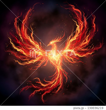 Phoenix-shaped fiery flame symbolizing rebirth and power in darkness. Phoenix-shaped fiery flame symbolizing rebirth and power in darkness. 130036219