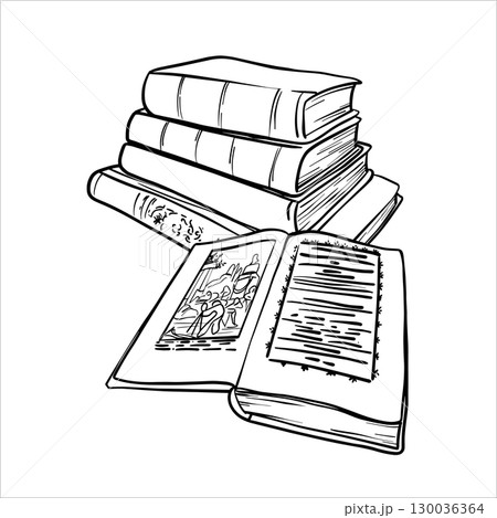 Hand drawn line illustration of a stack of books and open book. Vector sketch Books. Black and white line drawing of a book is with open pages and Stack of Books. Literature in outline drawing eps10 130036364
