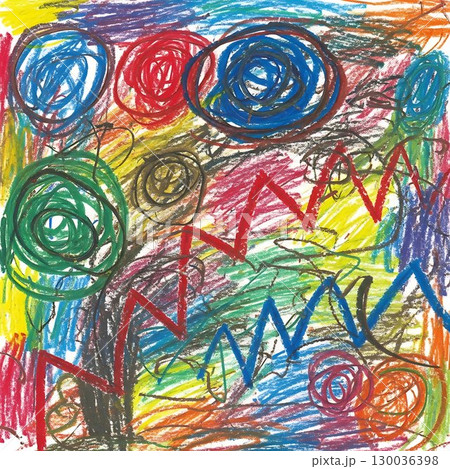 Colorful abstract crayon scribbles creating chaotic childlike art. 130036398