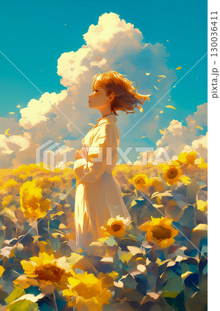 ひまわり畑に立つ女性 130036411